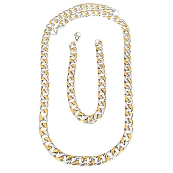 Men's Gold Plated Stainless Steel Two Toned 9mm Cuban Curb Chain & Bracelet Set - Picture 1 of 6